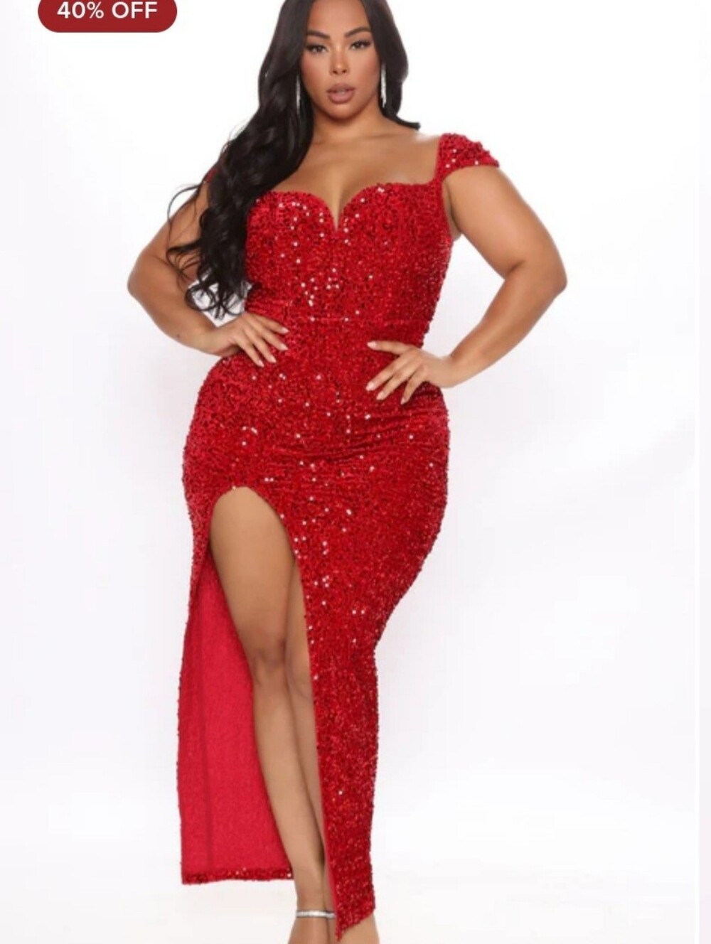 Red Sequin Off-Shoulder High-Slit Evening Dress